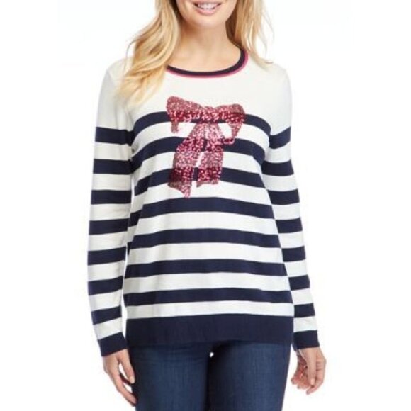 Kim Rogers Intarsia Black White Striped Pink‎ Sequin Bow Crew Neck Sweater PL - Picture 1 of 10